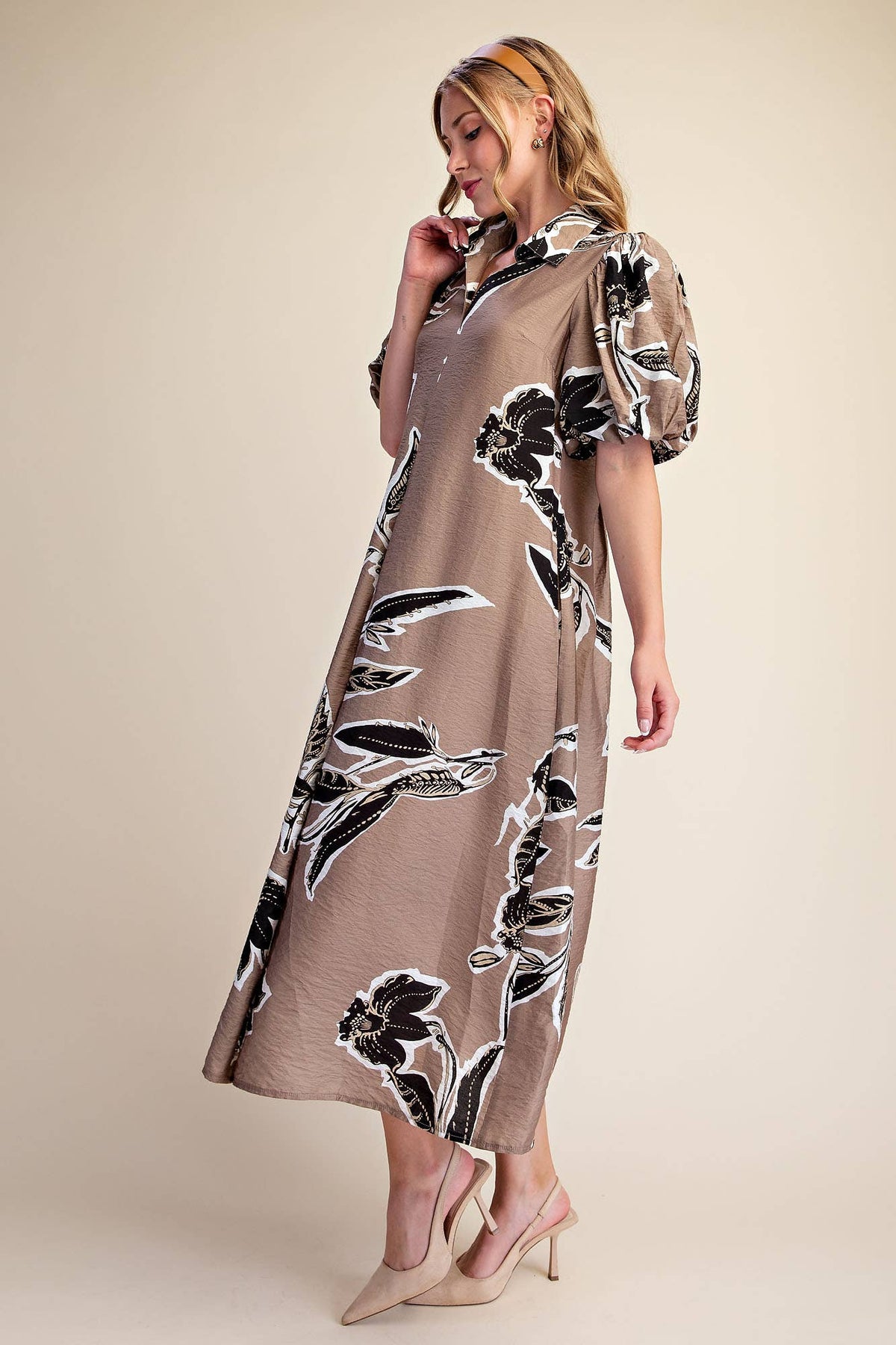 Fall/Winter Print Puff Sleeve Midi Dress : Rust / L