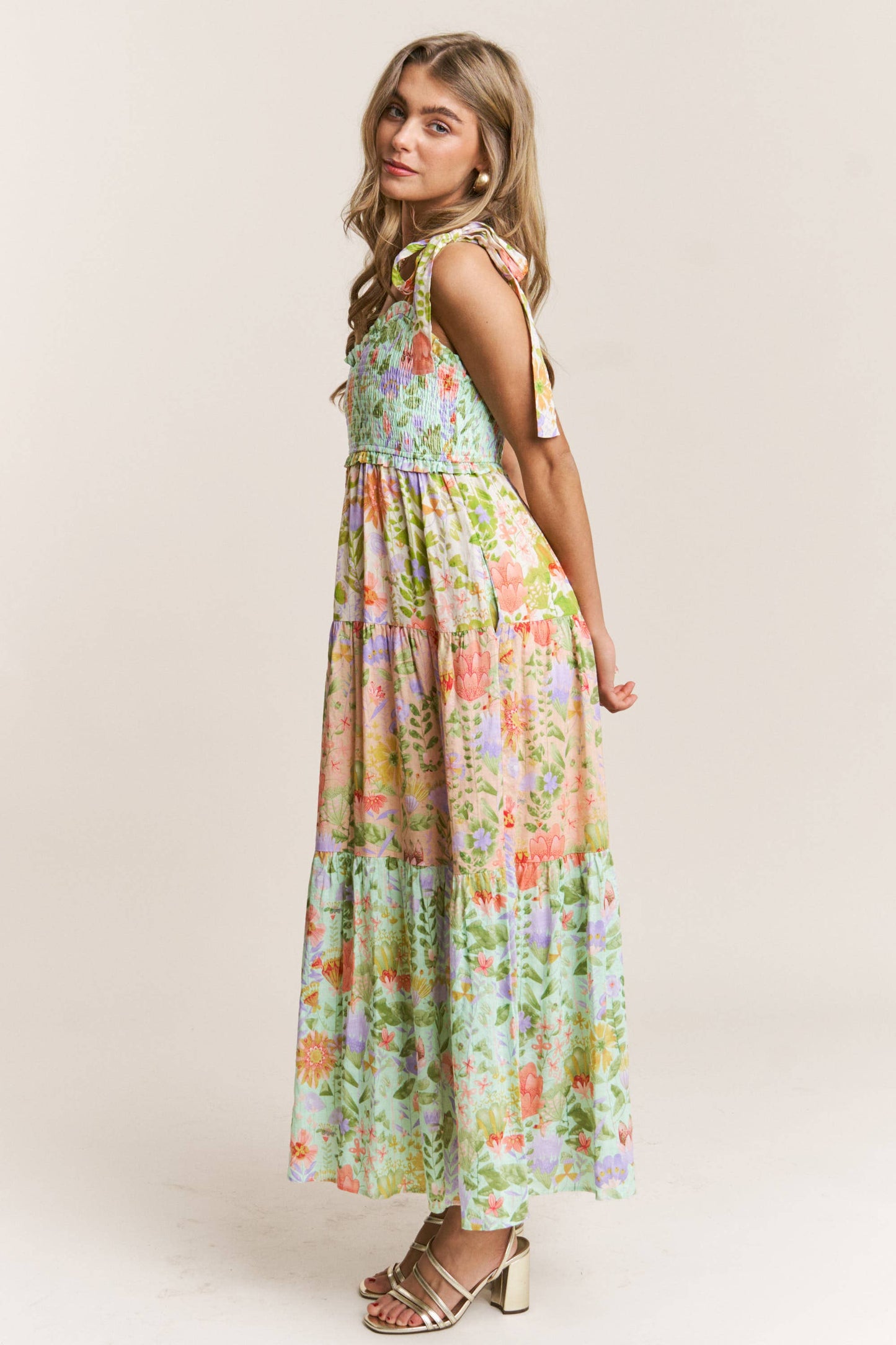 Smocked V-neck Tiered Multi Print Dress: Garden Dream / M