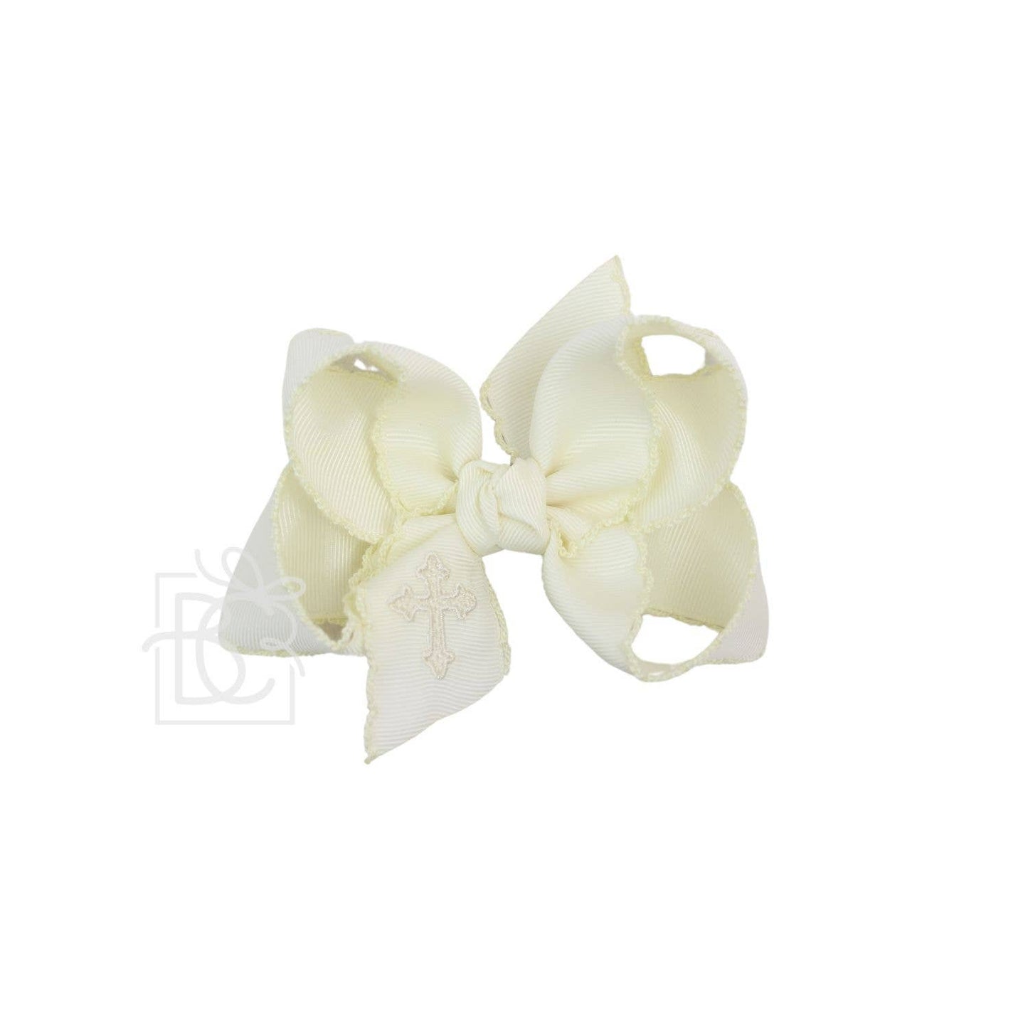 EMBROIDERED CROSS CROCHET EDGE BOWS: Antique white/ White / 4.5" Large Bow