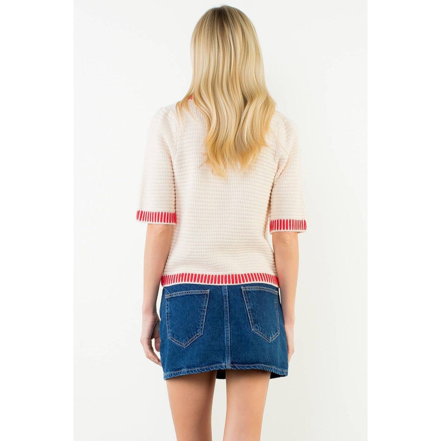 Short Sleeve Button Front Knit Top: CREAM / XS-S-M-L(1-2-2-1)