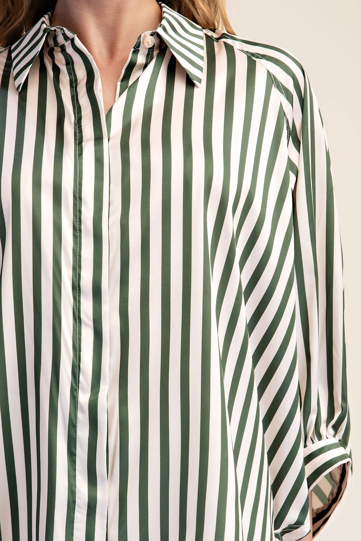 Stripe Wide Puff Sleeve Buttondown Shirt: Olive / M