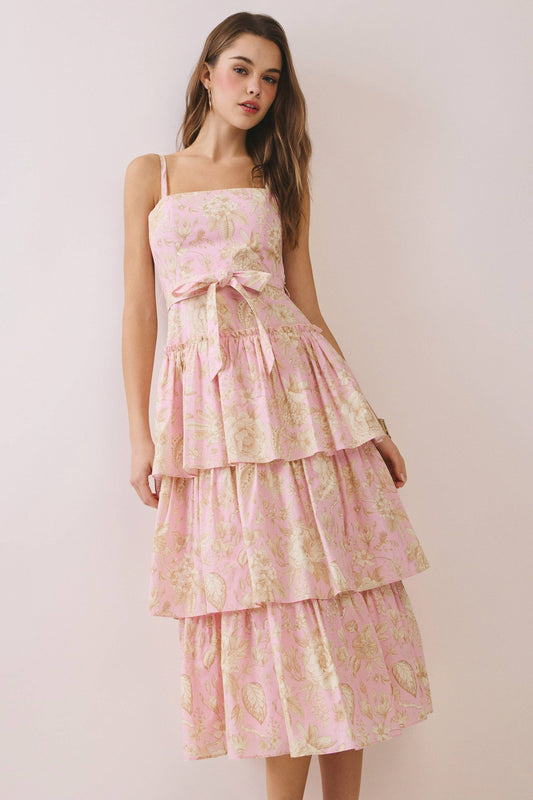 CD06782-Floral Print Square Neck Tiered Ruffle Midi Dress: Pink / L