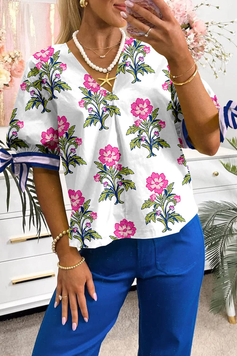 White Floral Colorblock Stripe Knot Bubble Sleeve V Neck Blouse: White / 100%Polyester / M