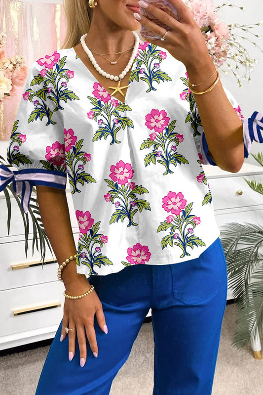 White Floral Colorblock Stripe Knot Bubble Sleeve V Neck Blouse: White / 100%Polyester / M