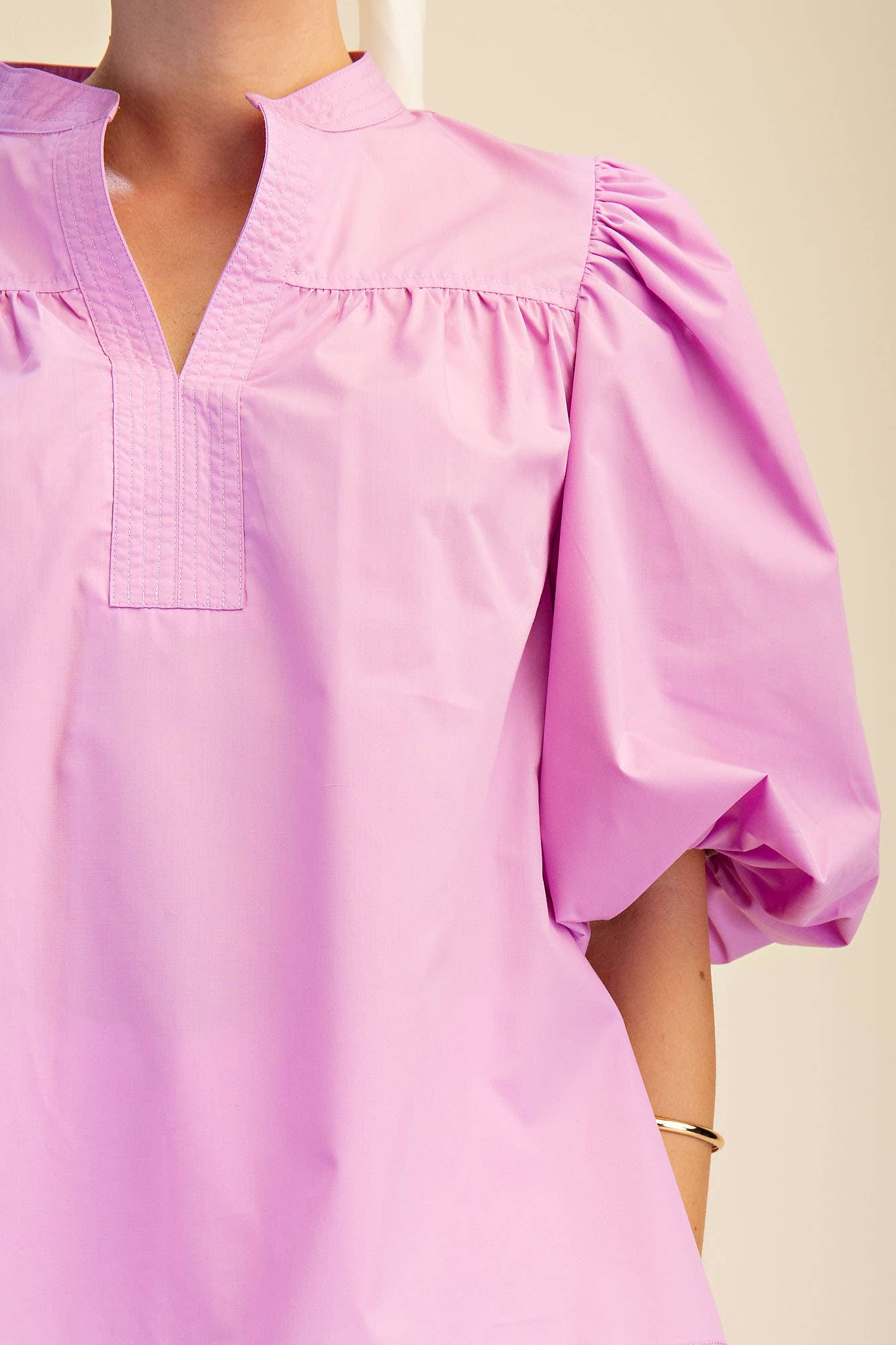 China Collar V-Neck Bubble Sleeve Poplin Top: Red / M