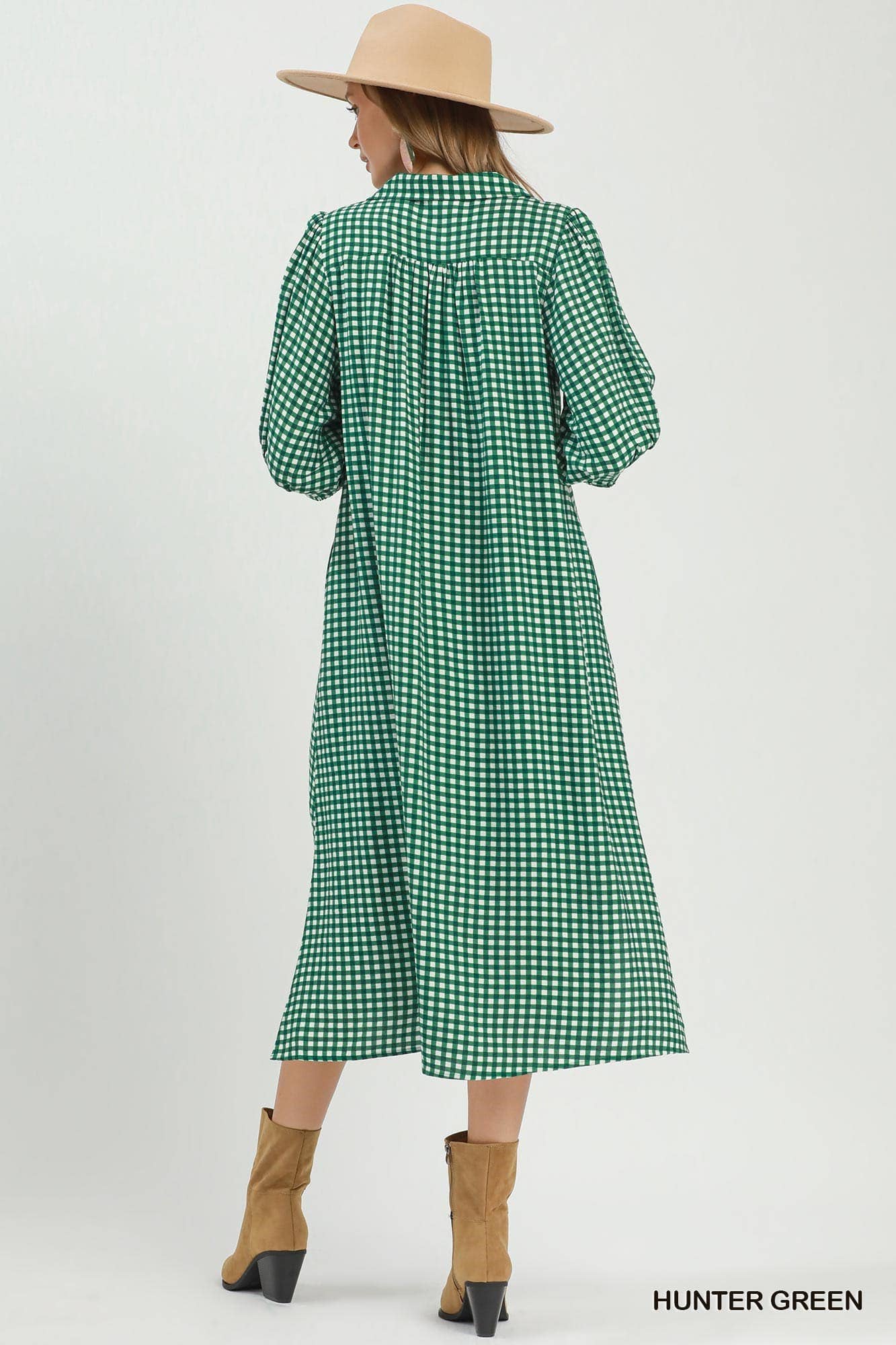 Gingham Check Collared Midi Dress: RED / 2-2-2(S-M-L)