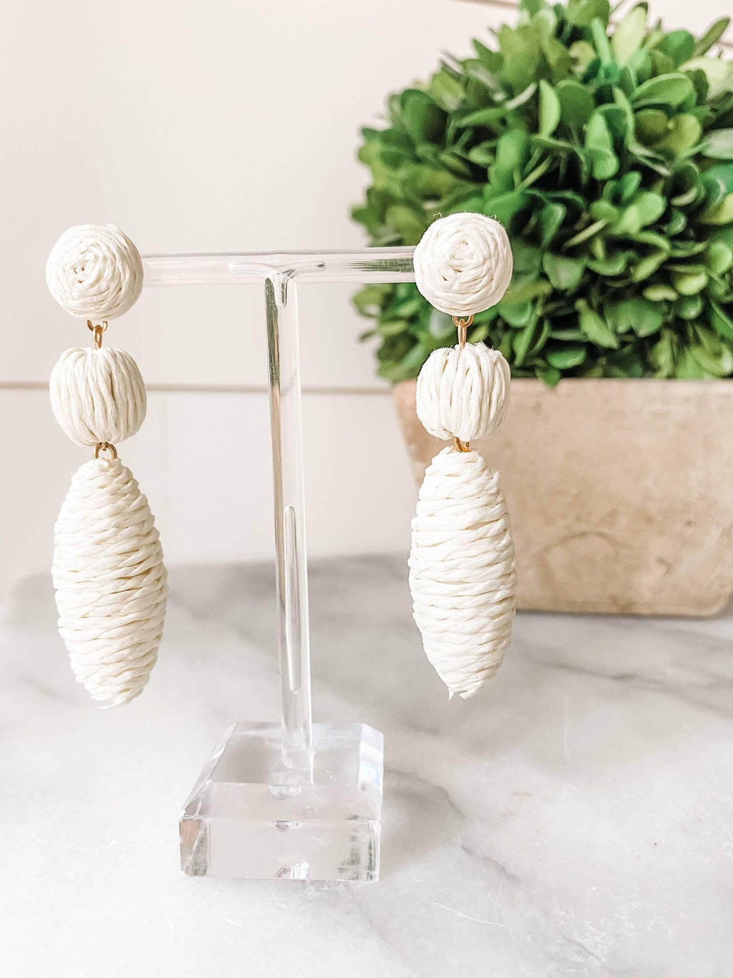 White Raffia Drop Statement Earrings
