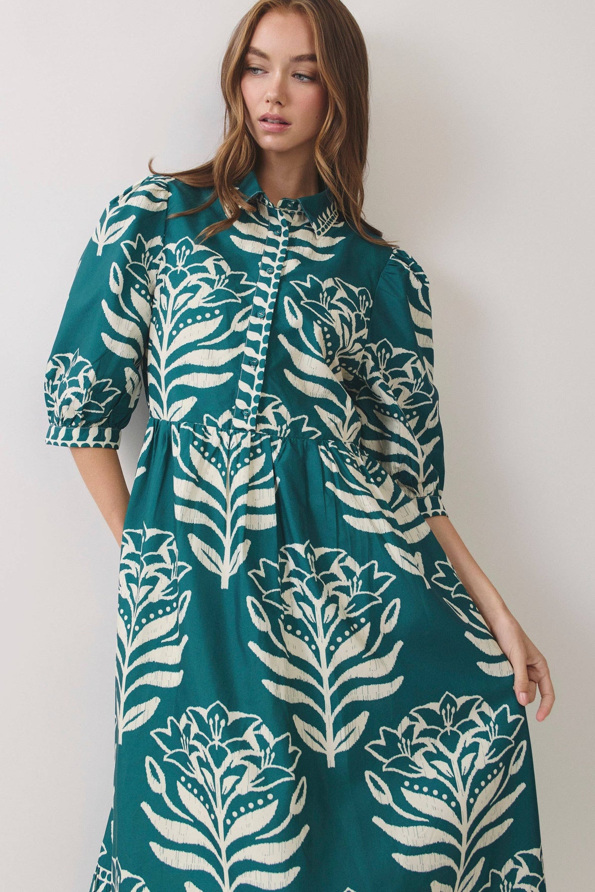 CD07496-Floral Print Puff Sleeve Midi Dress: BERRY / L