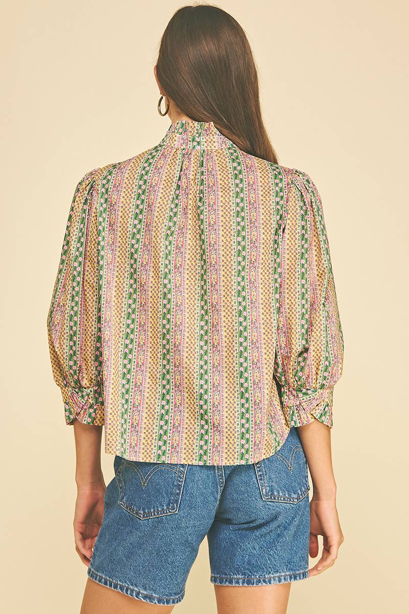 FLORAL BOTANICAL PRINT BUTTON DOWN BLOUSE - 7450T: GREEN MULTI / L