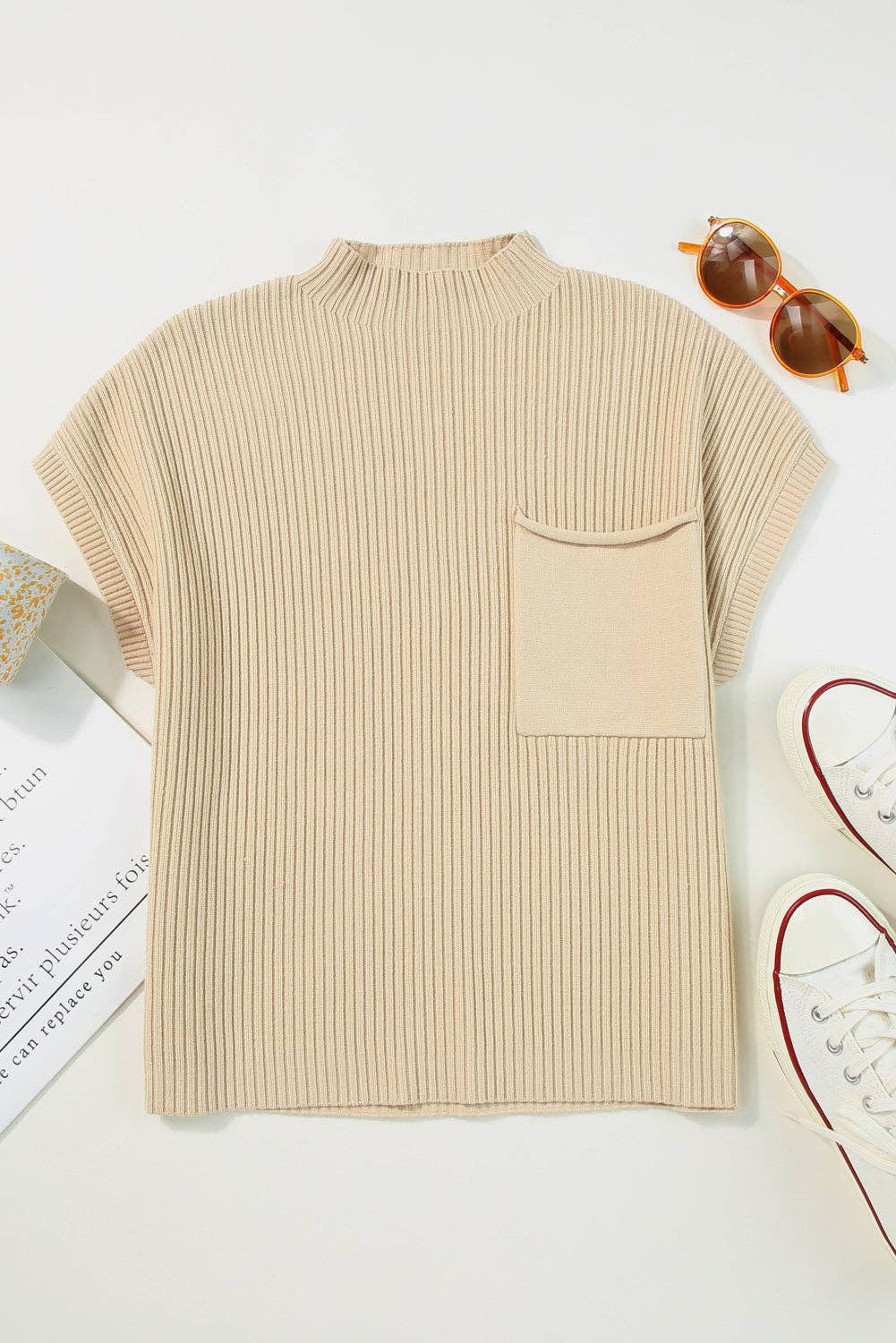 Oatmeal Patch Pocket Ribbed Knit Short Sleeve Sweater: Oatmeal / 50%Viscose+28%Polyester+22%Polyamide / L