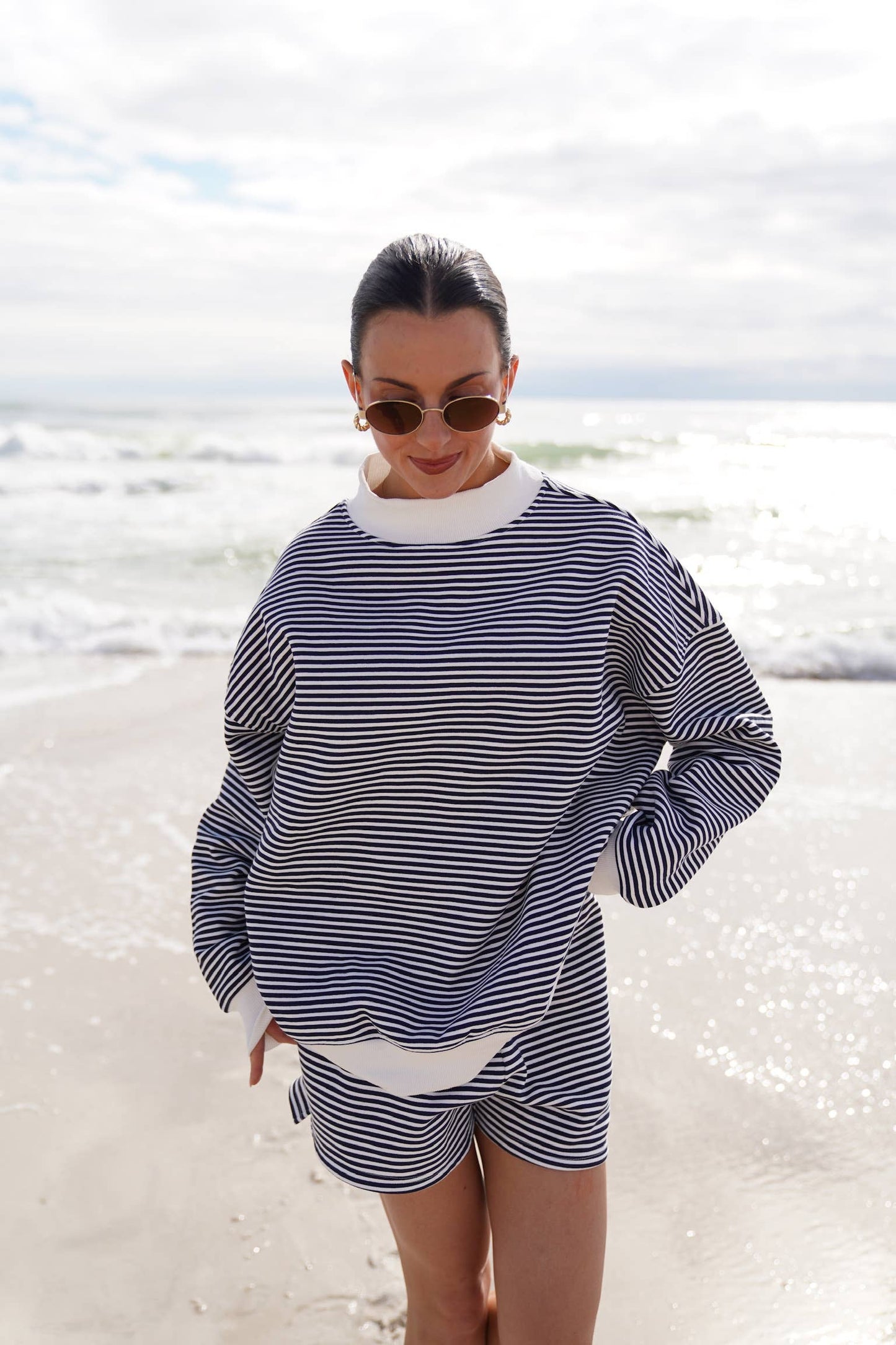 Dark Navy Blue and White Big Striped Mockneck Sweatshirt: Navy Blue/White Big Stripes / Medium