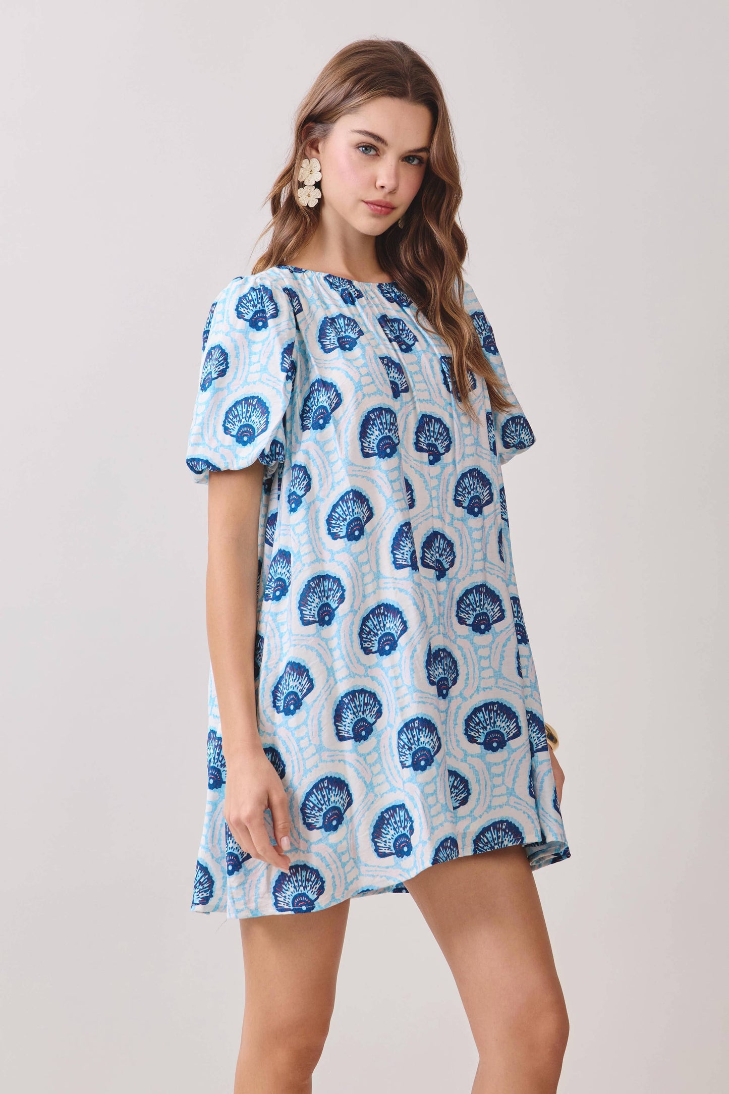 CD06808-Printed Relaxed Flowy Fit Puff Sleeves Dress: Blue / S
