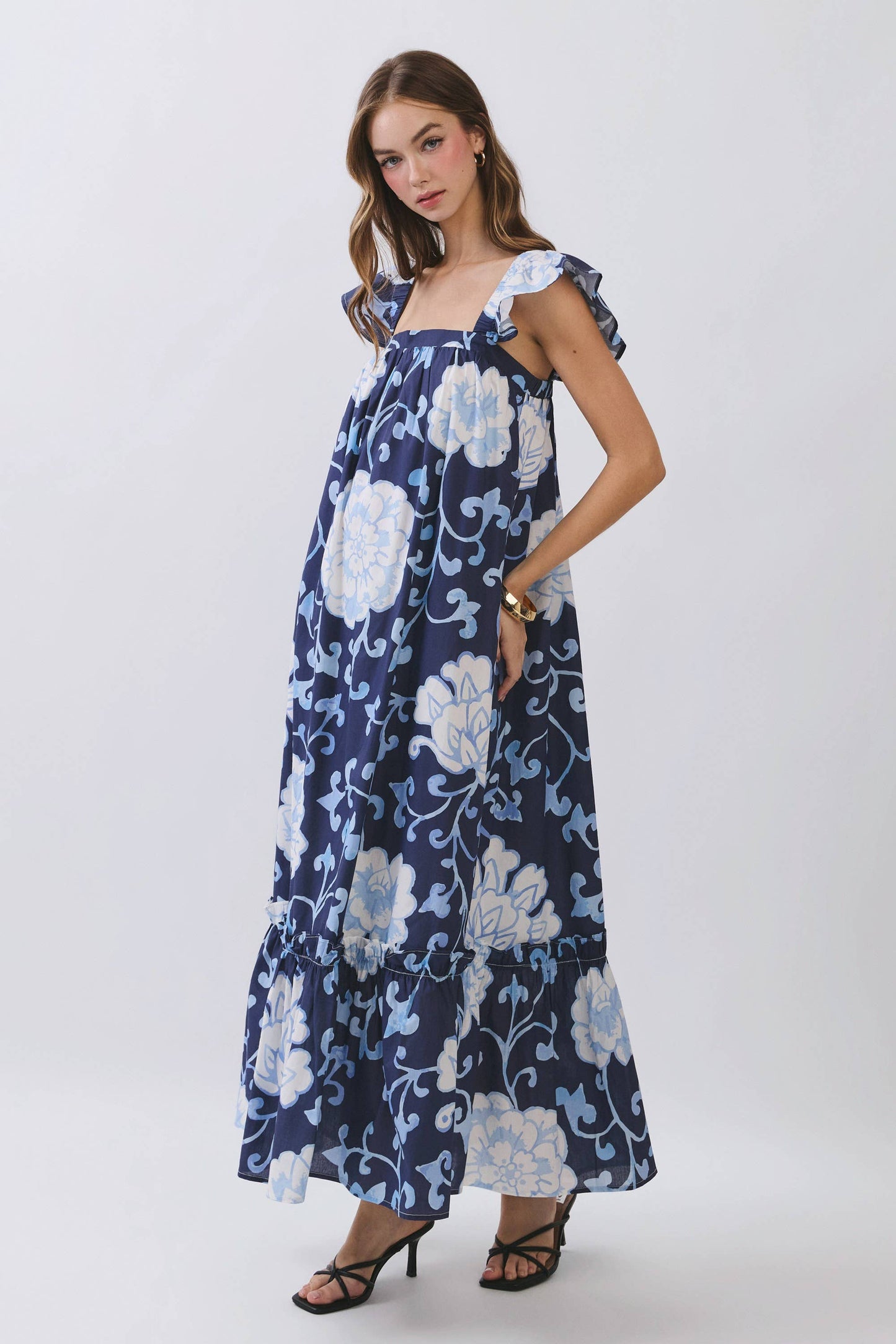 CD06967-Floral Print Ruffle Sleeve Maxi Dress: NAVY / L