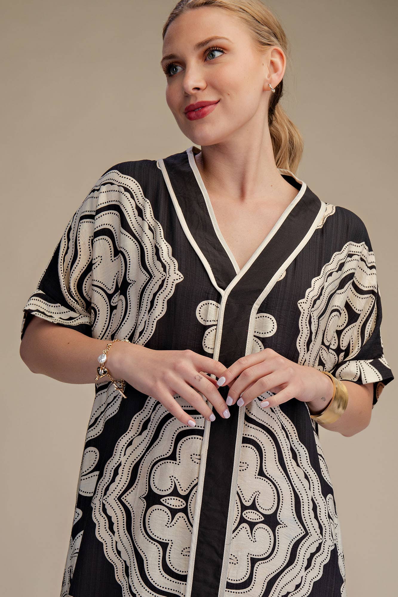 V-Neck Short Sleeve Maxi Print Dress: Blue / S