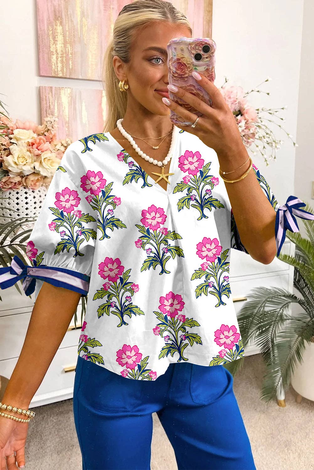 White Floral Colorblock Stripe Knot Bubble Sleeve V Neck Blouse: White / 100%Polyester / L