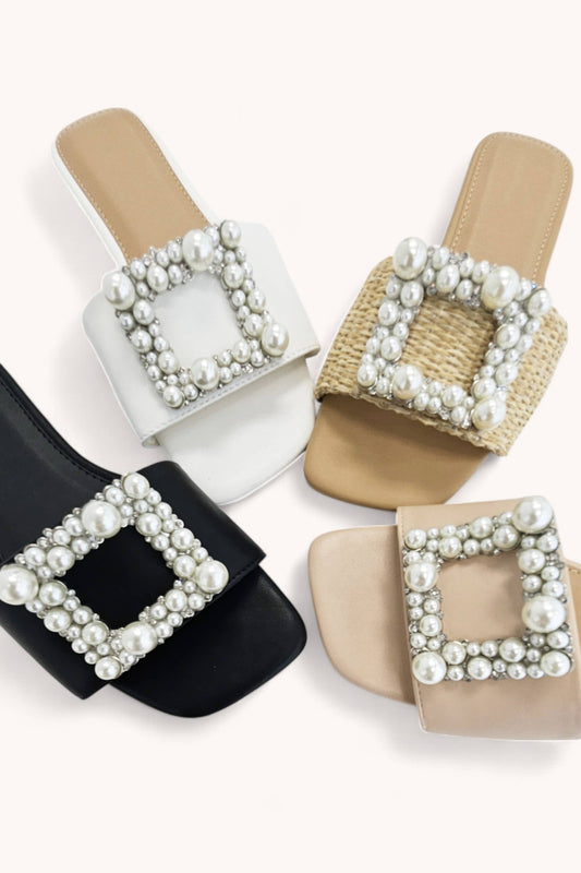 PRIME-78 PEARL JEWEL SQUARE FRAME SLIP-ON SANDALS: BEIGE RAFFIA / B18