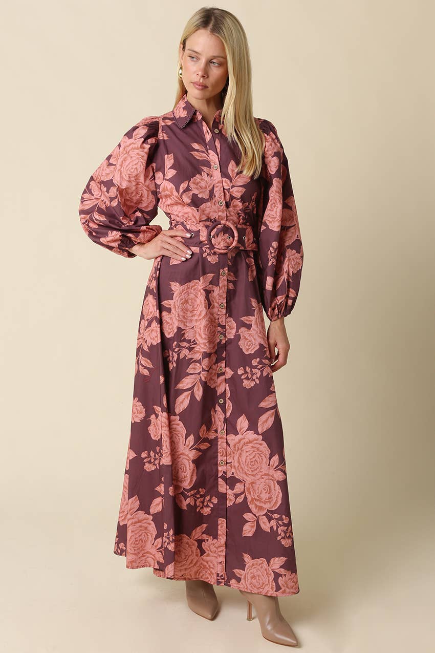 Kylie Floral Belted Maxi Dress: Wine Pink / S