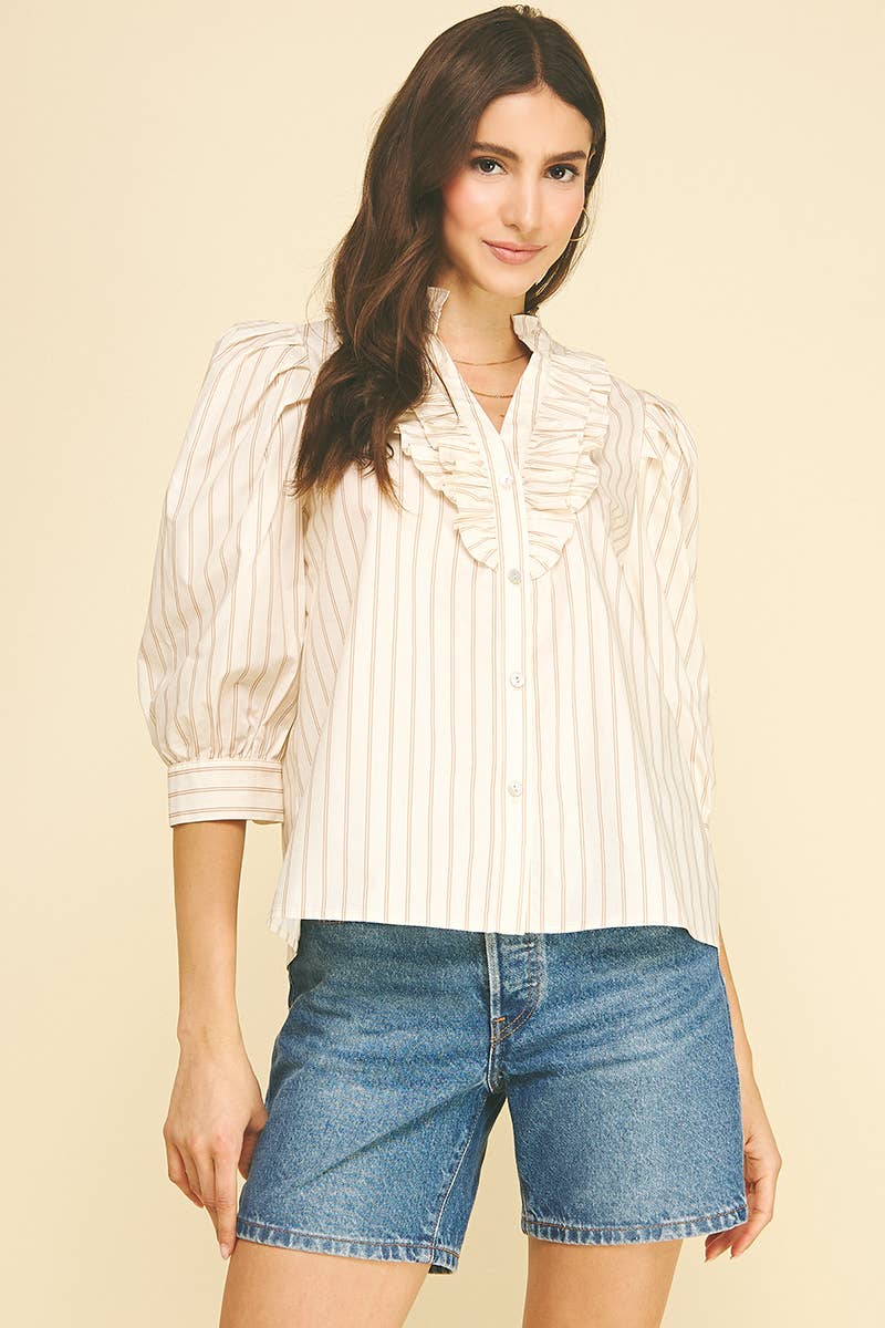 STRIPED RUFFLED COLLAR PUFF SLEEVE BLOUSE - 6241TA: CREAM/TAUPE / M