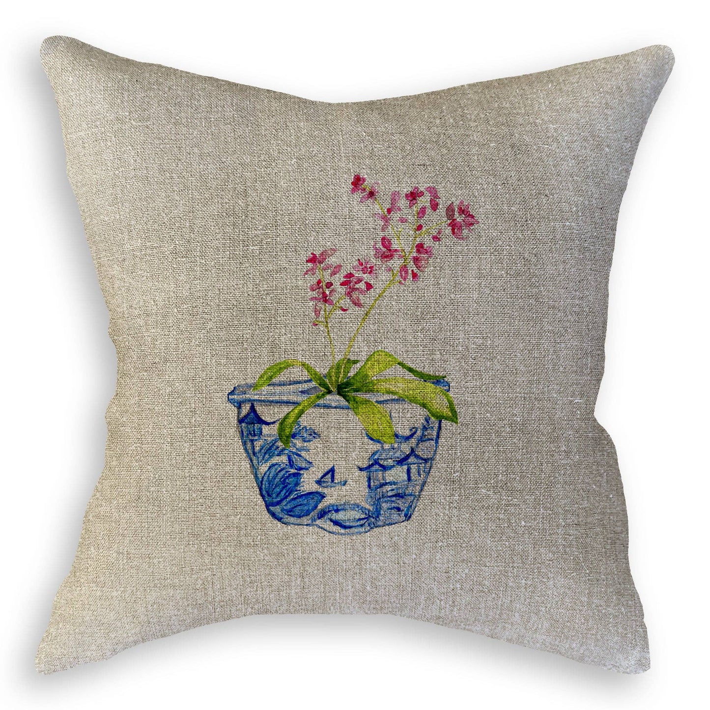 Blue & White Bowl with Pink Orchid: Dishtowel / -