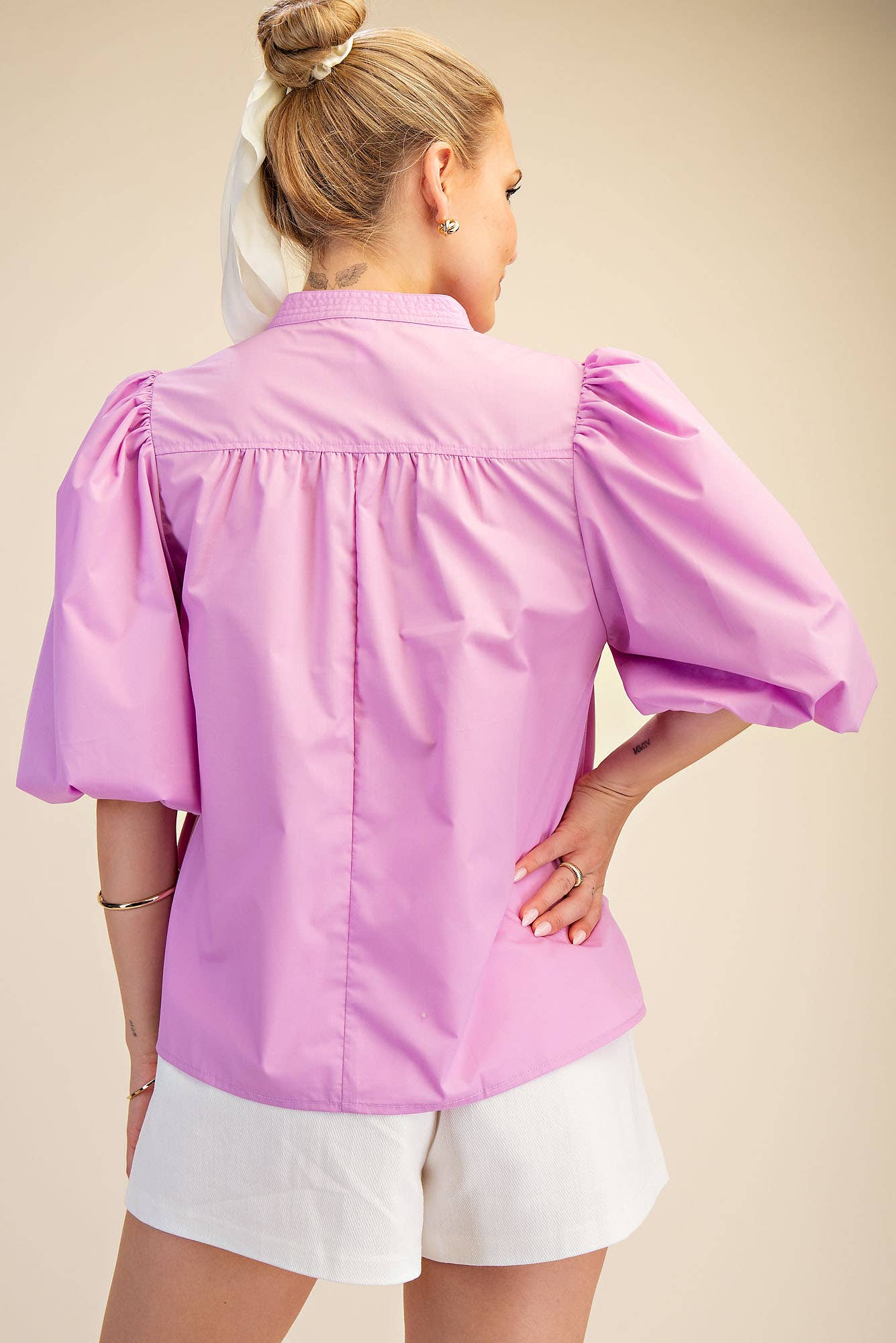 China Collar V-Neck Bubble Sleeve Poplin Top: Red / M