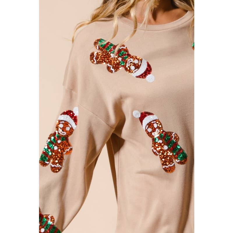 Sequin Gingerbread Man Christmas Pullover: OATMEAL / S-M-L-XL(2-2-2-2)