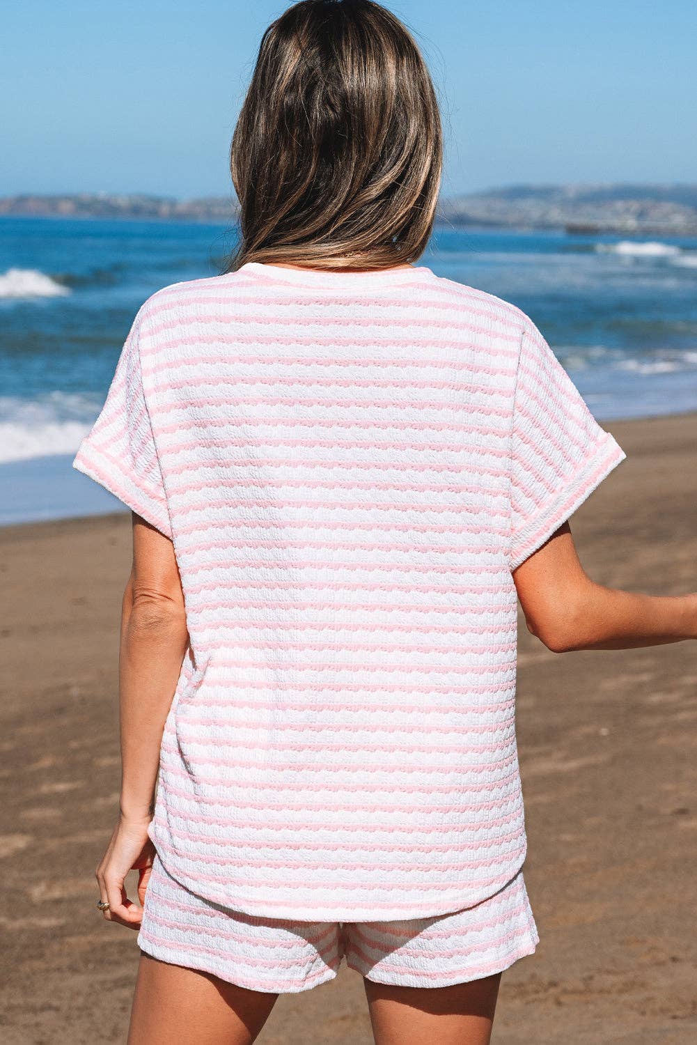 Pink Stripe Knitted Short Sleeve Top and Drawstring Shorts Set: Sky Blue Stripe / 85%Polyester+10%Viscose+5%Elastane / XL