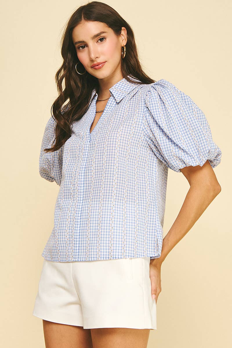 FLORAL PLAID BLOUSE TOP - 5707TD: LIGHT BLUE / S