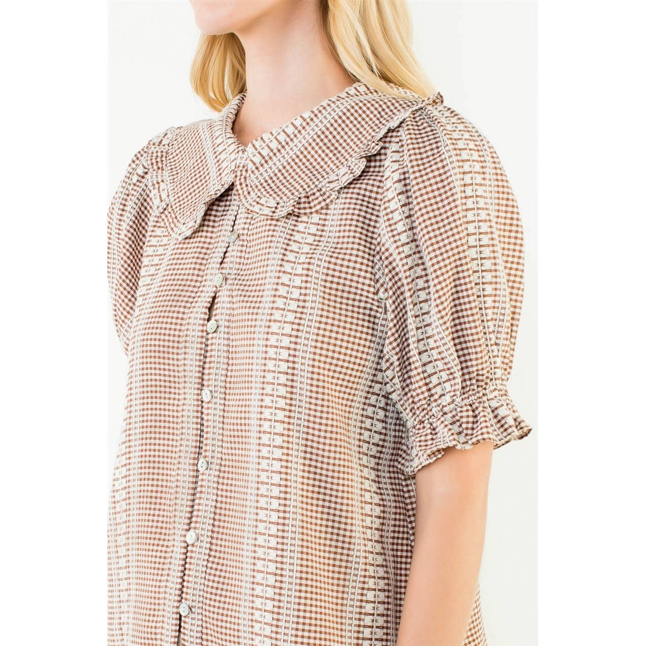 Puff Sleeve Gingham Patterned Top: RED / XS-S-M-L(1-2-2-1)