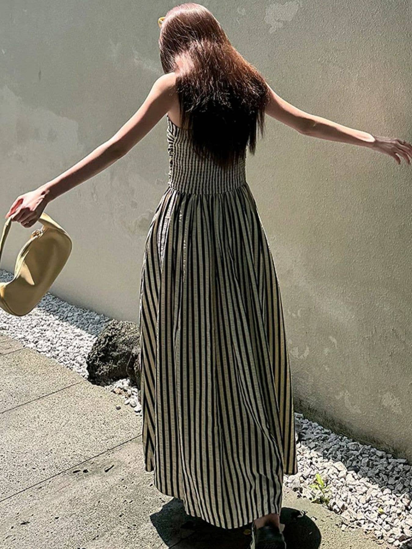 Striped Vacation Maxi Dress with Pockets: Coffee / Missy / S