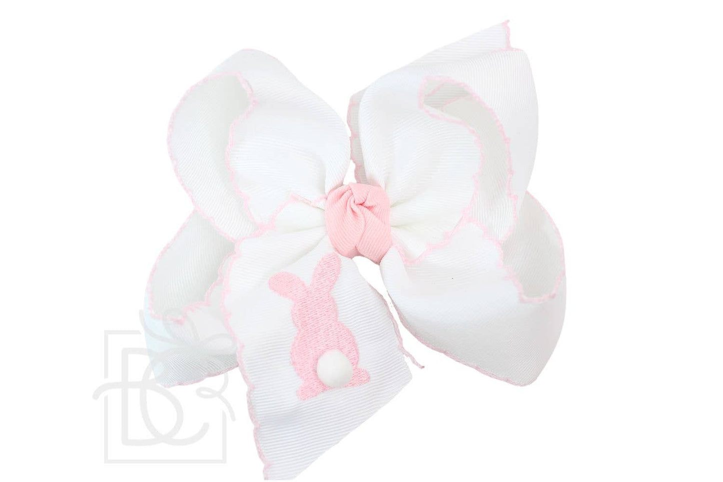 EMBROIDERED EASTER CROCHET EDGE BOWS: White w/ Hot Pink Crochet Edge- Hot Pink Bunny / 4.5" Large - 1.5" Ribbon on Alligator Clip