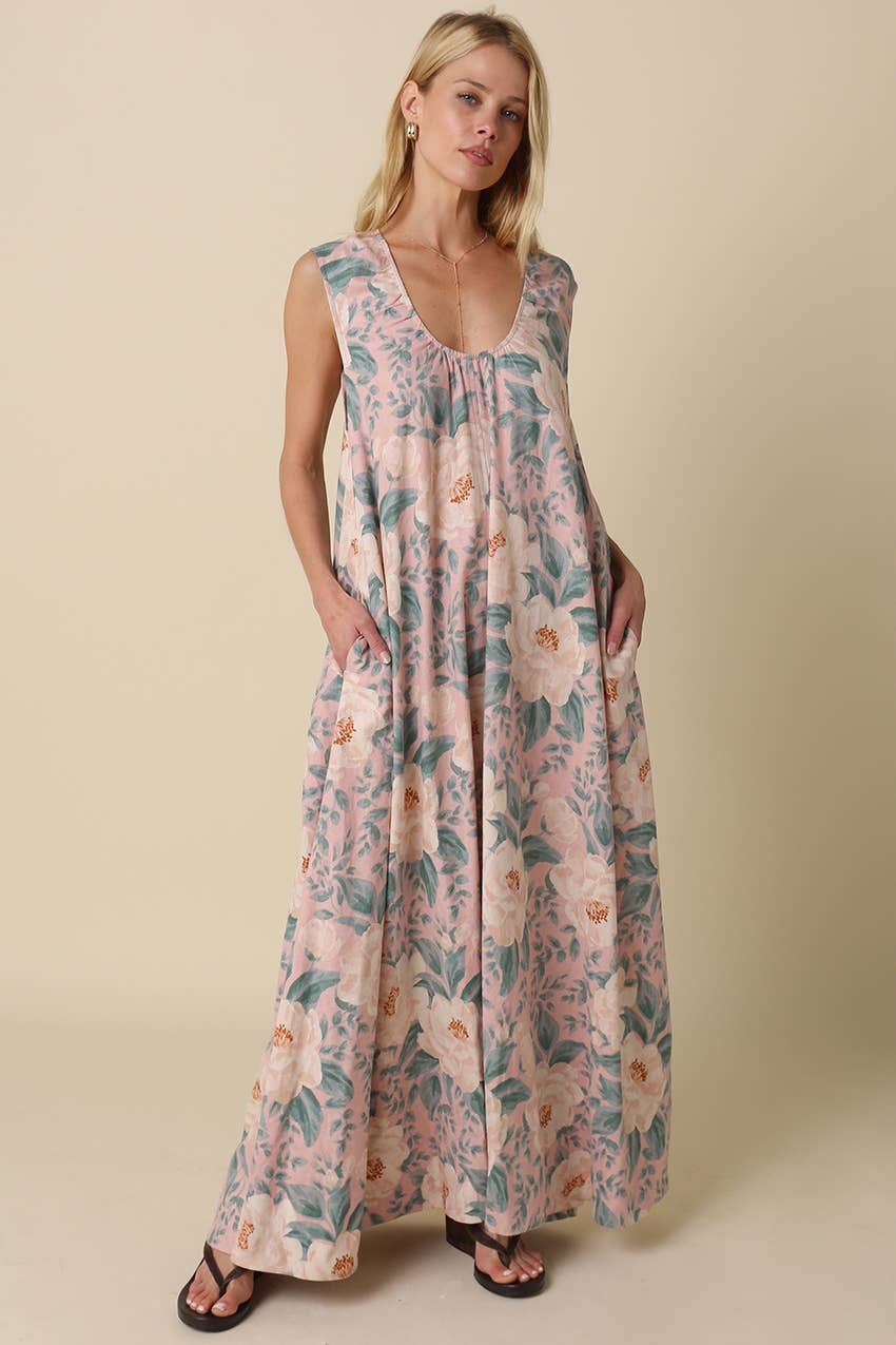 Edith Floral Sleeveless Dress: Blush Green / Contemporary / M