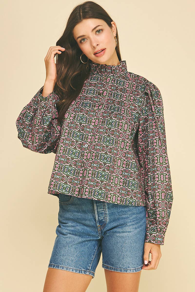 GEOMETRIC FLORAL RUFFLED MOCK NECK BLOUSE - 7594T: NAVY PINK / L
