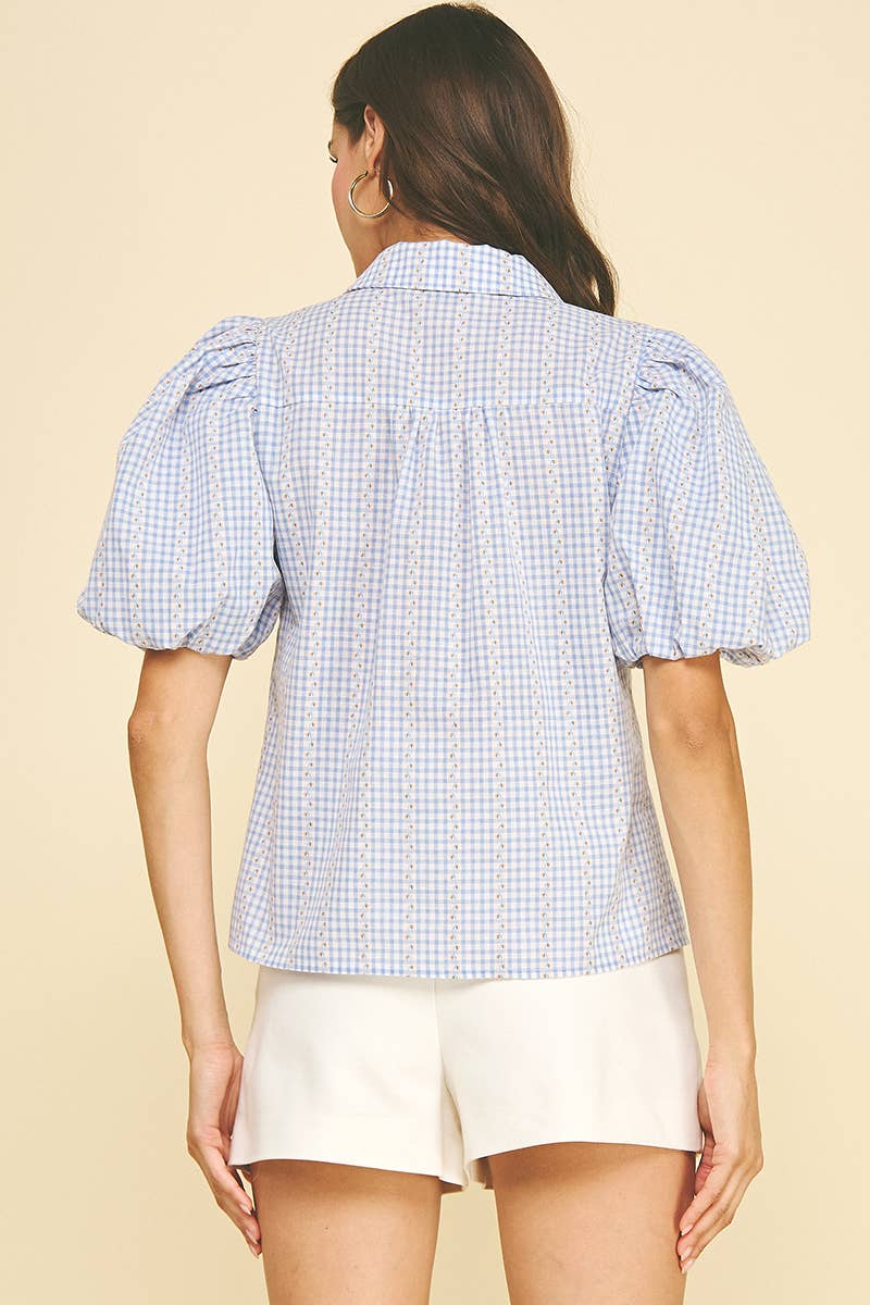FLORAL PLAID BLOUSE TOP - 5707TD: LIGHT BLUE / L