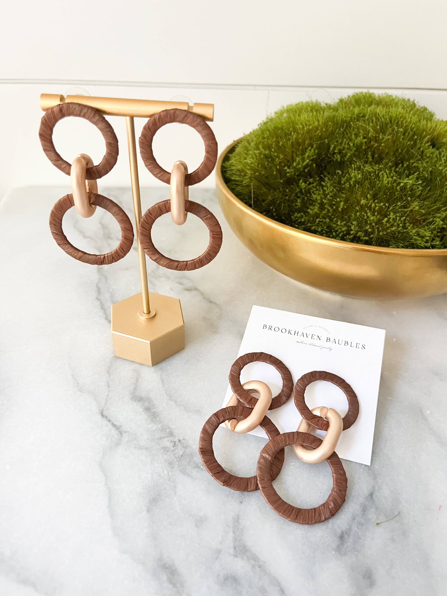Chocolate Brown & Matte Gold Raffia circle Link Earrings