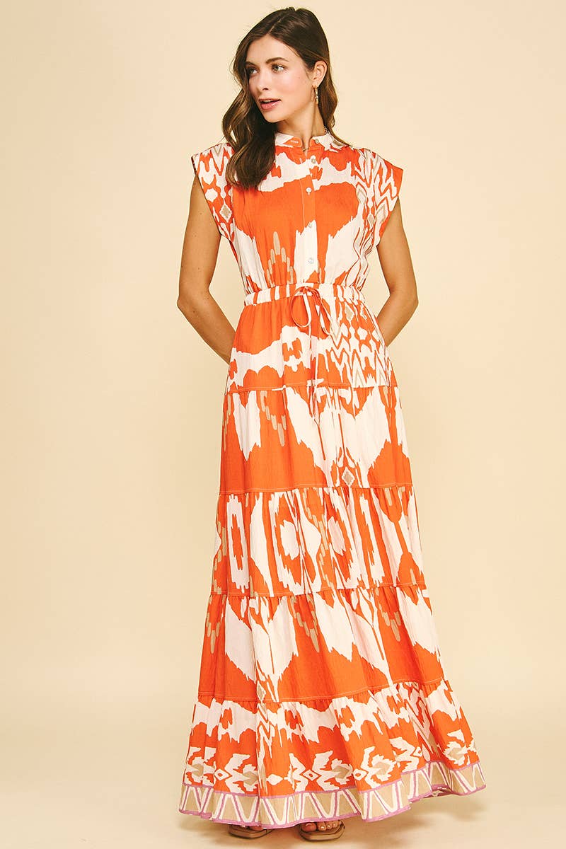 GEOMETRIC PATTERN TIERED MAXI DRESS - 6198DB: BLUE MULTI / L