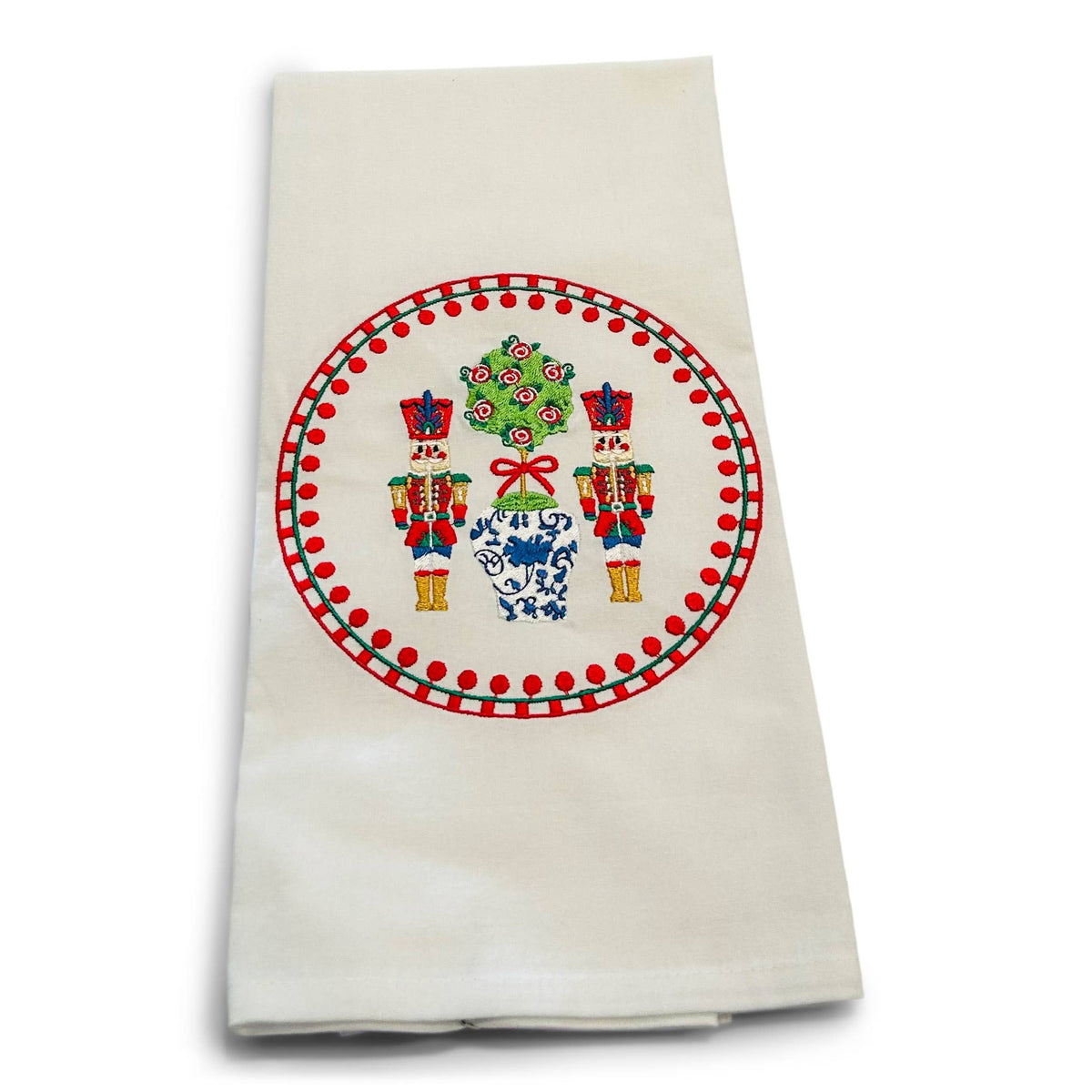 Towel - Nutcrackers in Pom-Pom Trim - Reds - on white