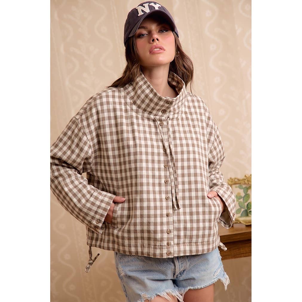 PRINTED HOODED WINDBREAKER JACKET TOP: MOCHA GINGHAM / L