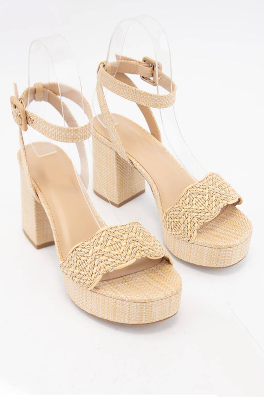 SNOOZE RAFFIA CHUNKY PLATFORM ANKLE STRAP HEELS: NATURAL RAFFIA / B16