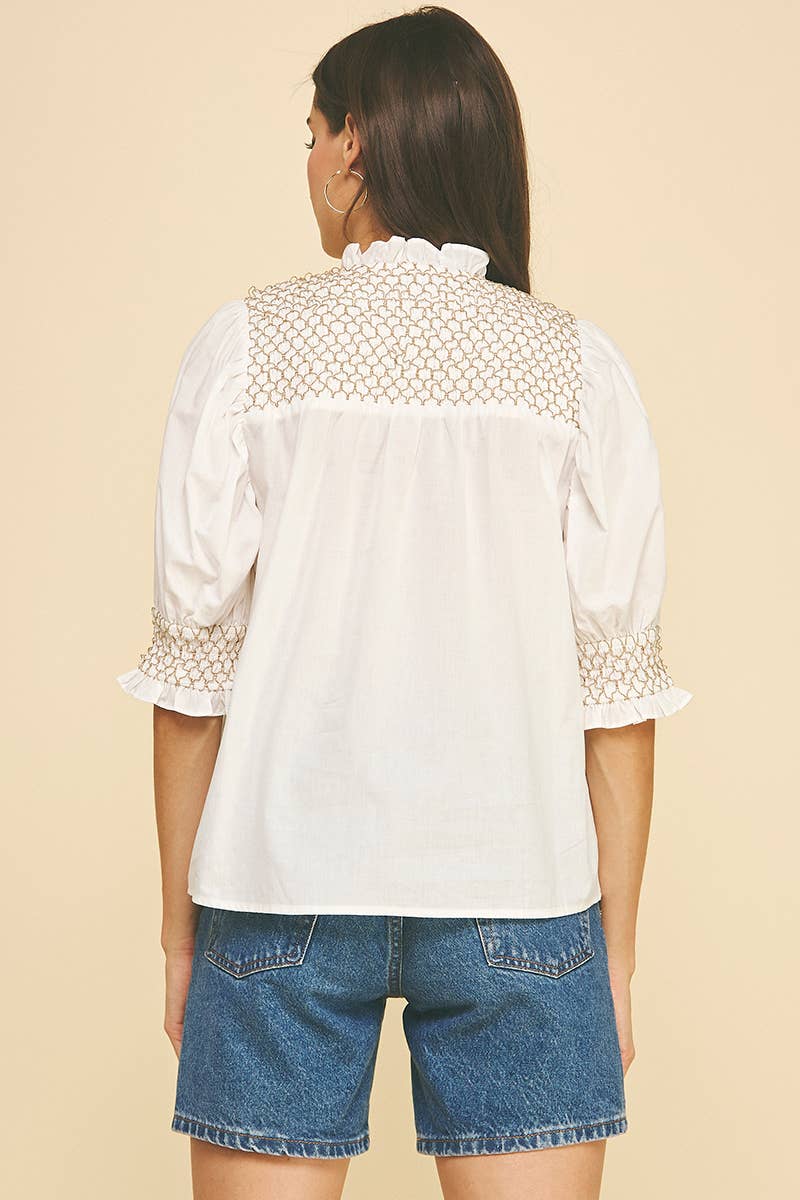 EMBROIDERED BUTTON DOWN BLOUSE TOP - 4951TB: Pink / M