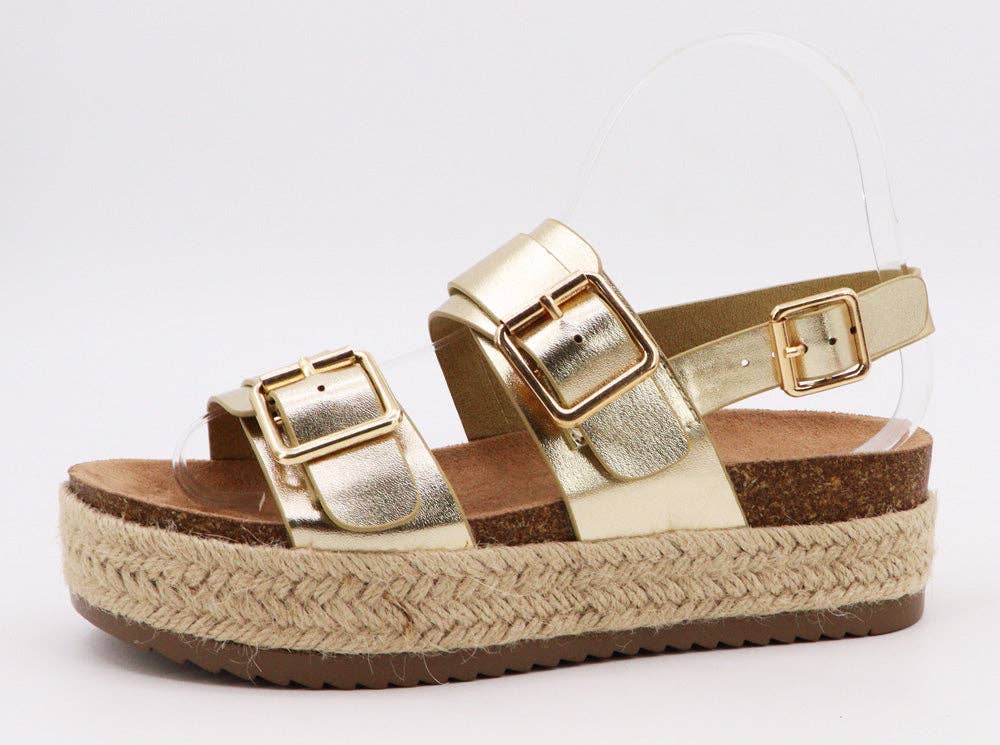 Bamboo BRAKE-07 Espadrille Cork Sole Double Buckle Sandals: GOLD METALLIC PU / 12BF-6(1)-7(2)-8(4)-9(3)-10(2)