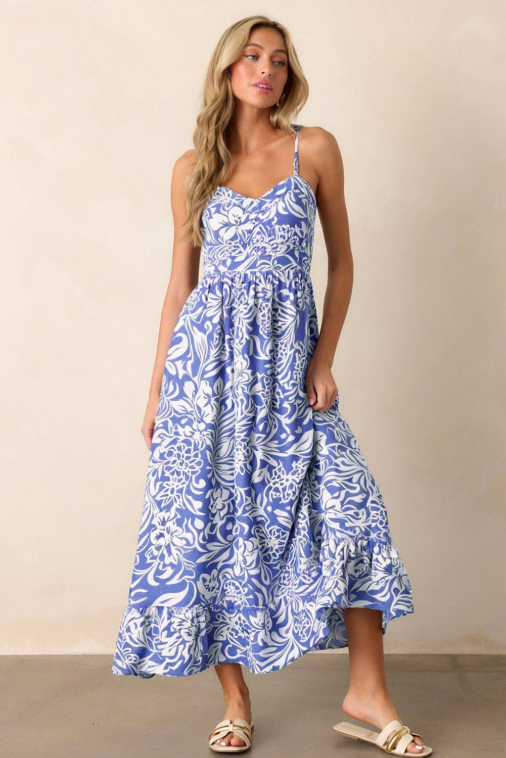 Sky Blue Floral Print Spaghetti Strap High Waist Maxi Dress: Sky Blue / 100%Polyester / M