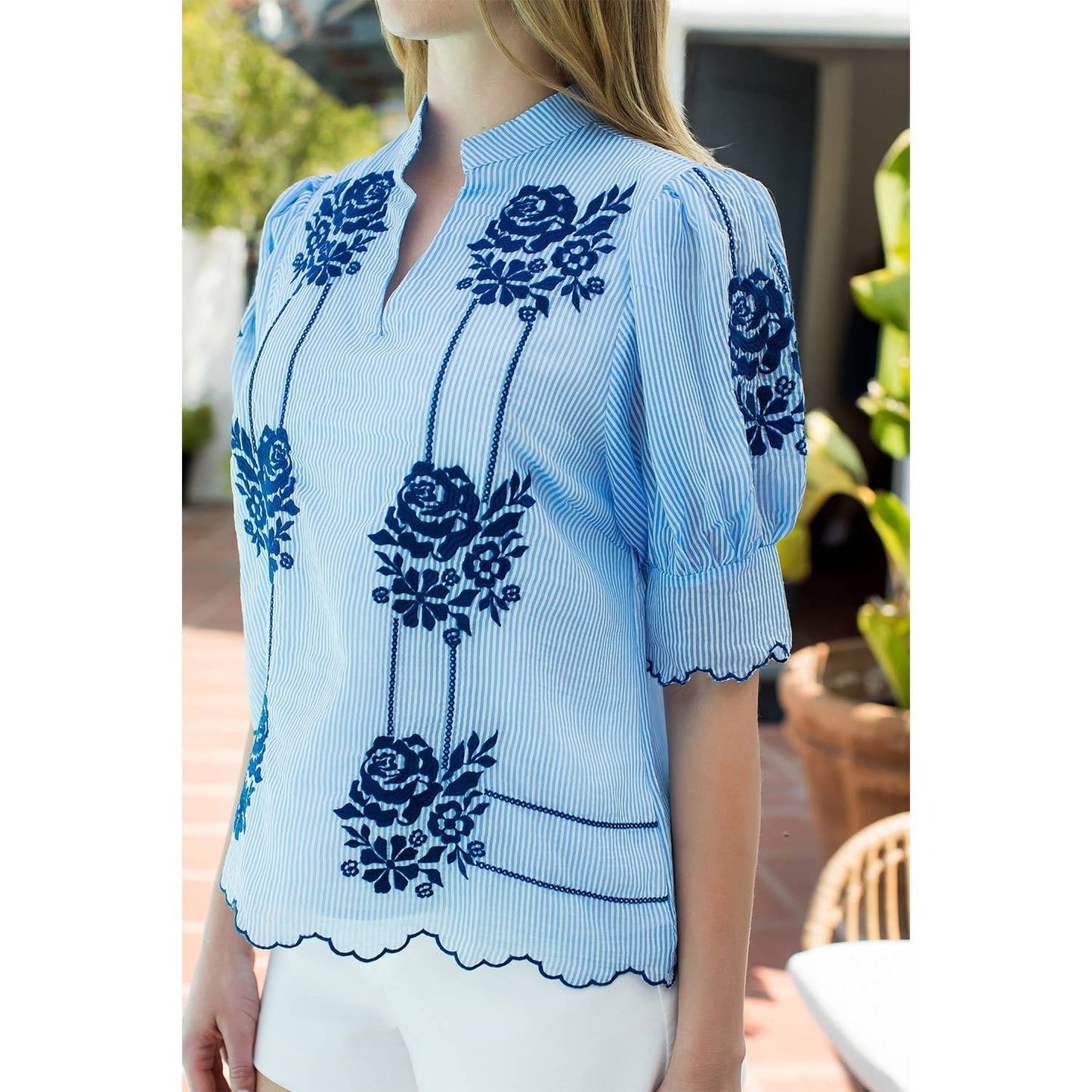 Embroidered Puff Sleeve Stripe Top: BLUE / XS-S-M-L(1-2-2-1)