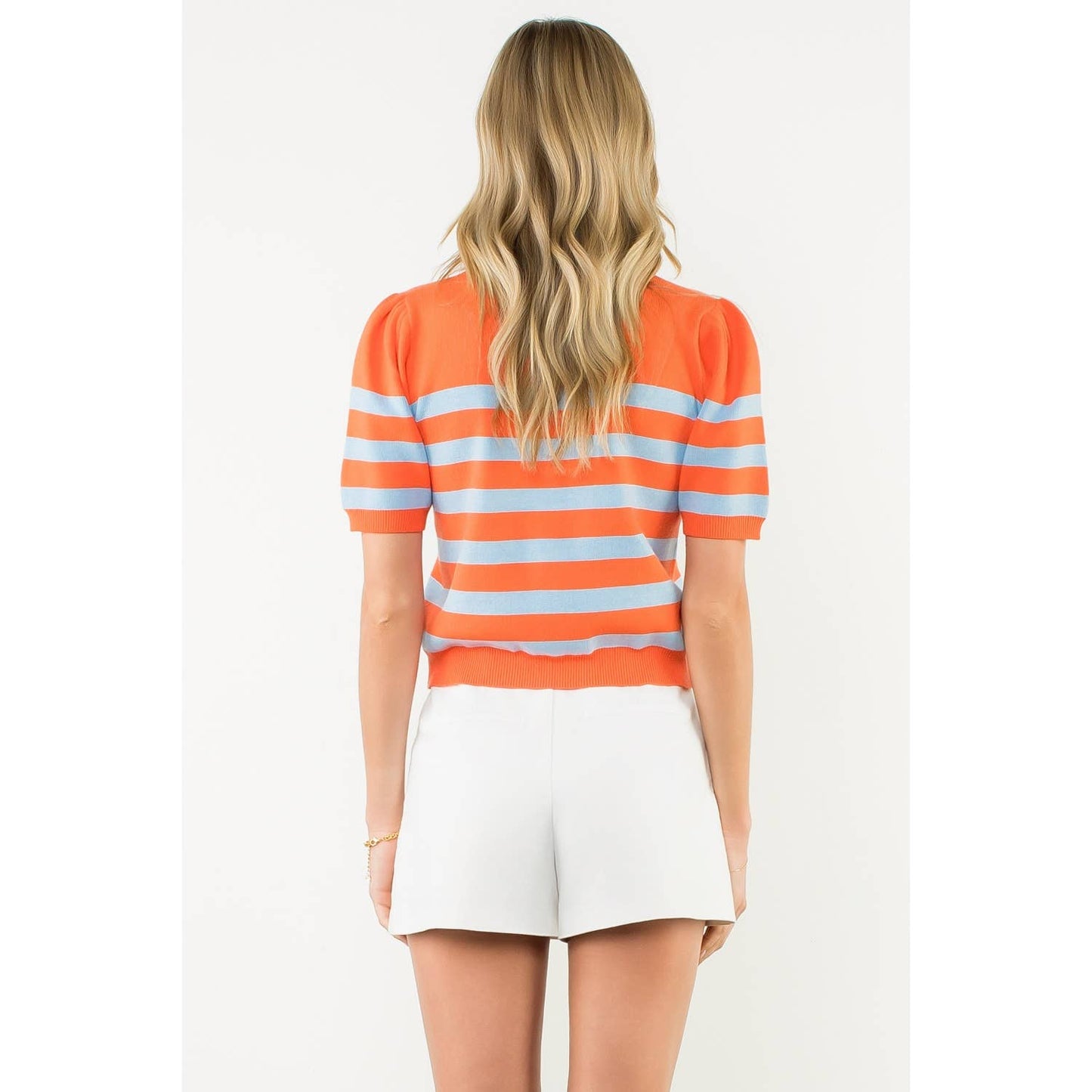 Short Sleeve Striped Knit Top: ORANGE / XS-S-M-L(1-2-2-1)