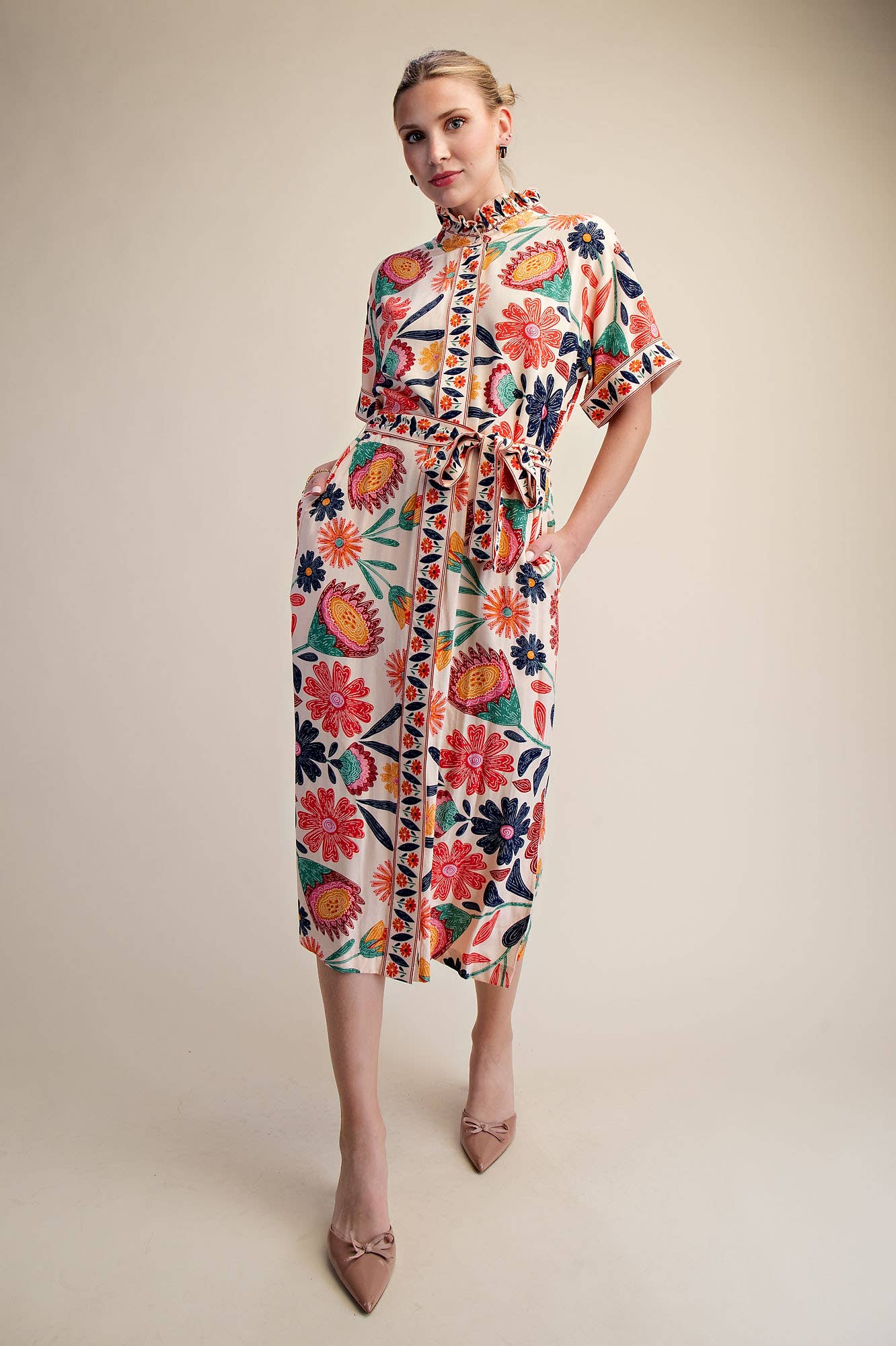 Waist Tie Belt Collar Neck Button-Up Shirts Floral Midi Dres: Coral / S