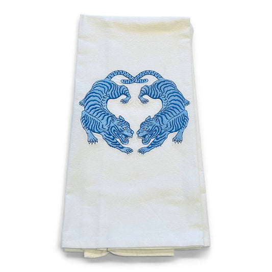 Towel - Twin Tigers Chinoiserie - Blue on white