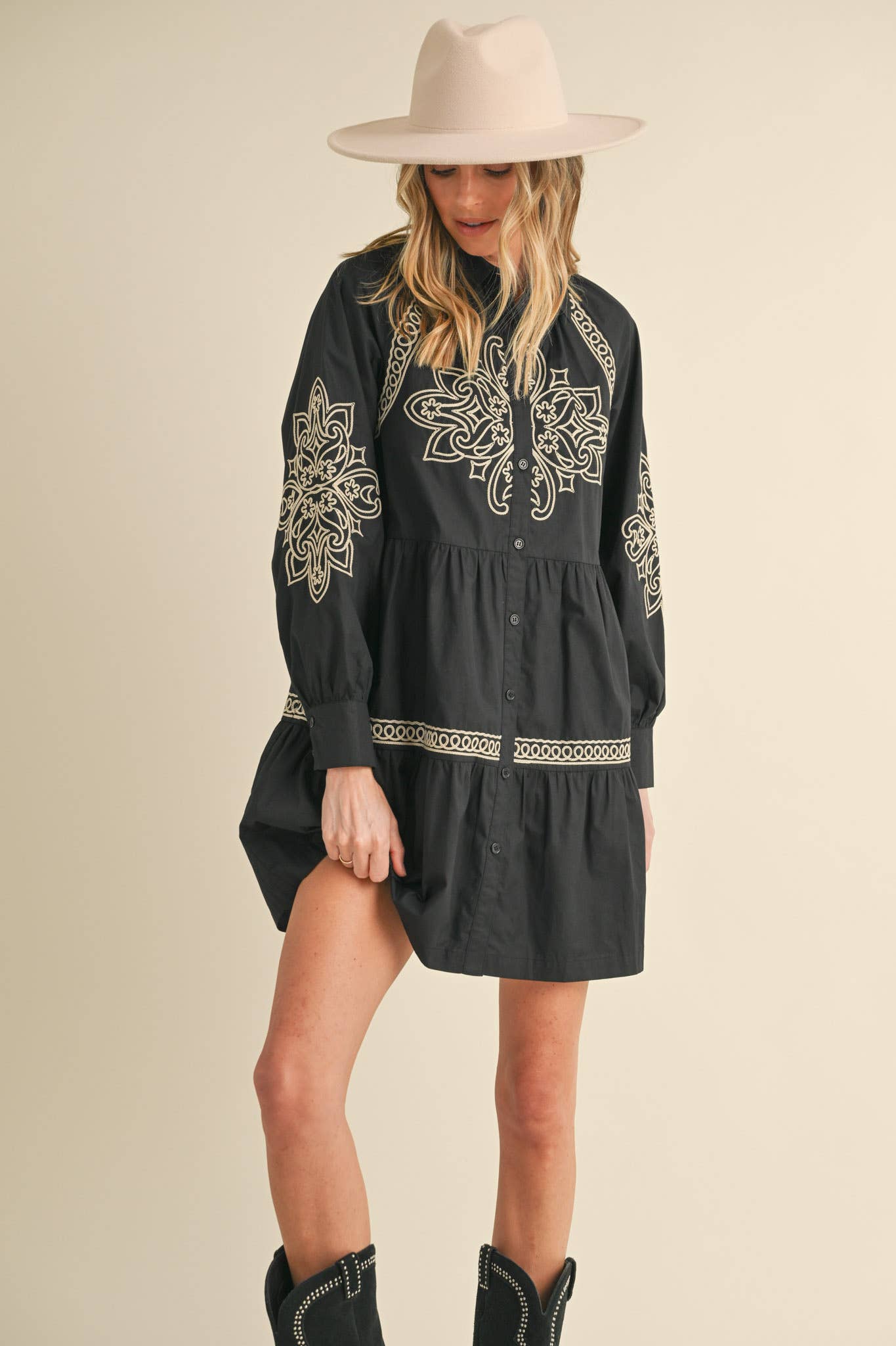 EMBROIDERED BUTTON DOWN MINI DRESS MDR3513: Hunter Green / M