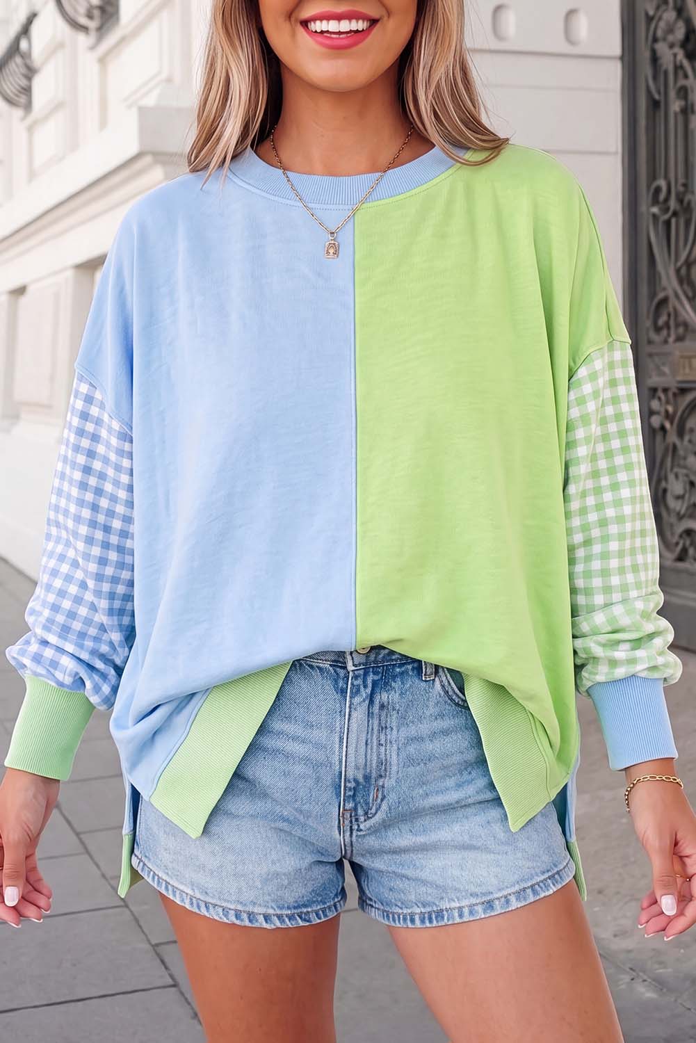 Plaid Print Crewneck Gingham Sleeve Sweatshirt FW26 | S-XL: Rose Red / M