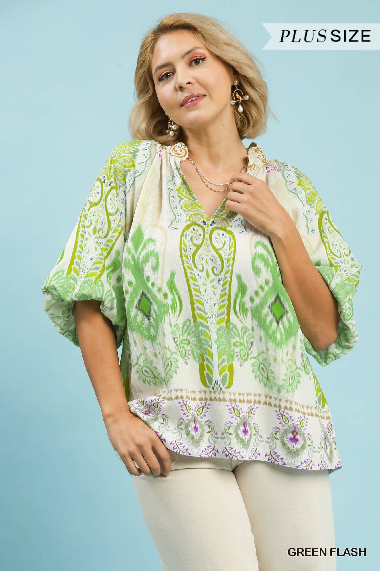 Plus Boho Border Print Top: CERULEAN / 1-1-1(XL-1XL-2XL)