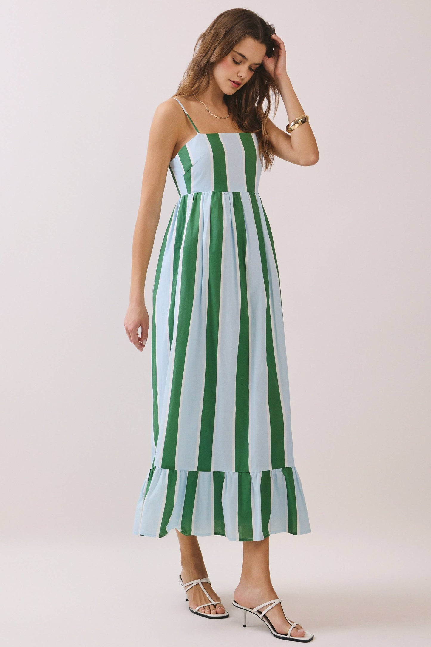 CD06828-Striped Back Smocked Detail Side Pocket Maxi Dress: Green / L