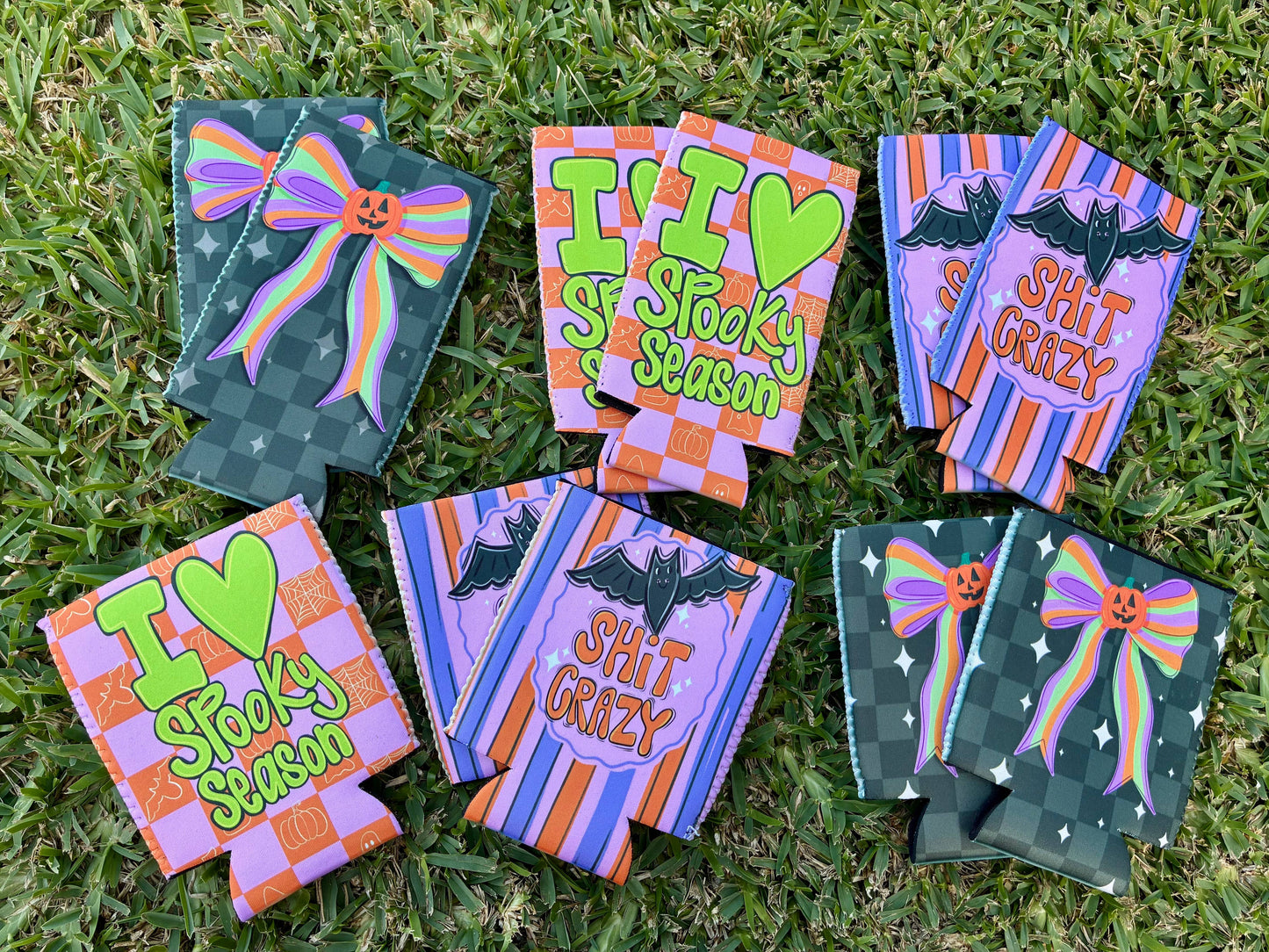 I love spooky season checkered print koozies for Halloween : Slims